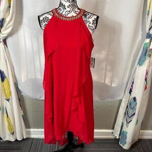 Thalia Sodi red rhinestone neck ruffled midi dress.  Size S
